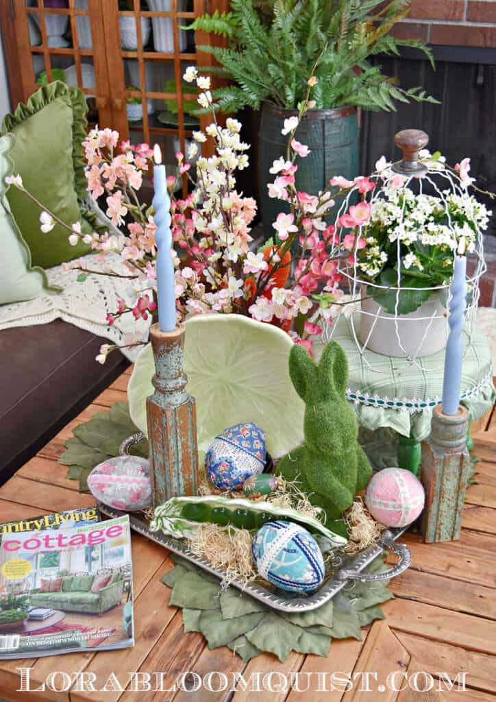Easter and Spring coffee table centerpiece with moss bunny and eggs.