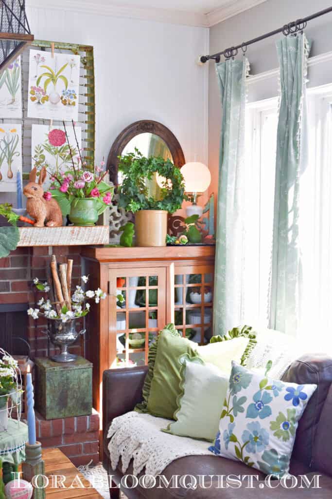 Spring decorated living room with bright pastels and vintage style.