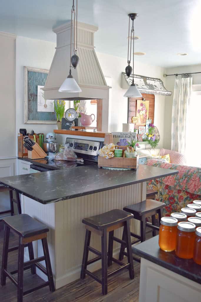 Farmhouse kitchen with soapstone counters, decorated for Spring.