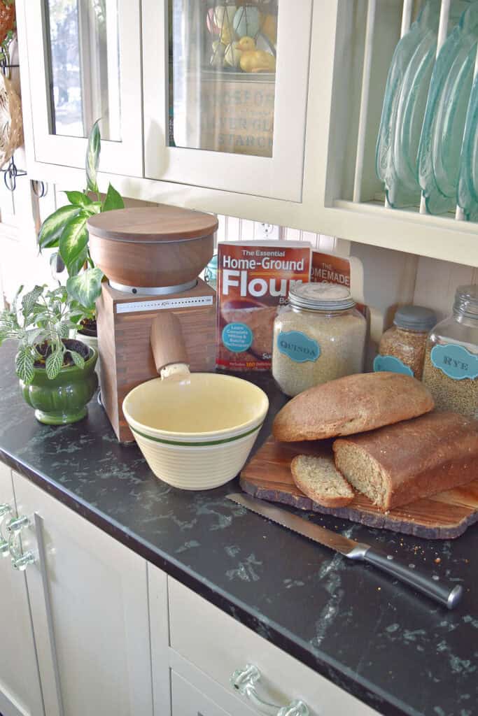 Komo classic grain mill and freshly made bread with freshly milled flour.
