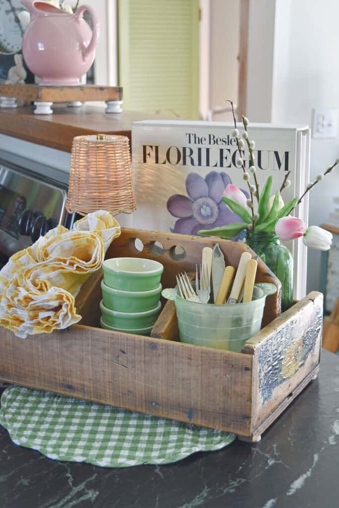 Old tool caddy used as Spring centerpiece.