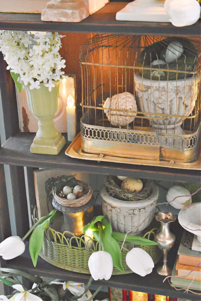 Antique gold birdcage, nests and eggs decorate shelves for Spring.
