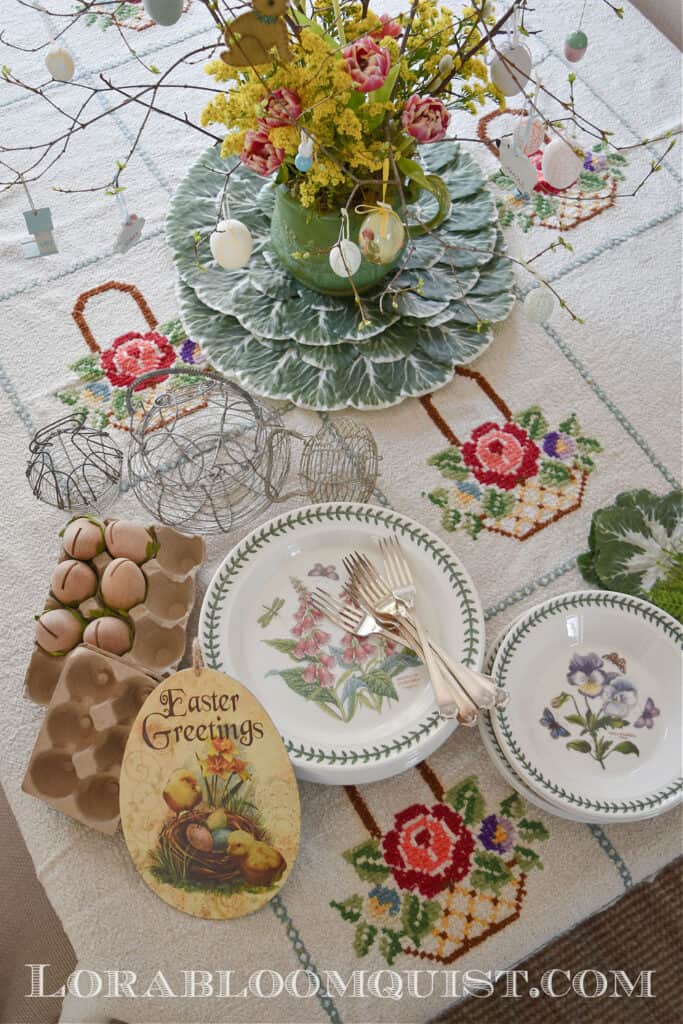 Portmerion plates on vintage basket tablecloth.
