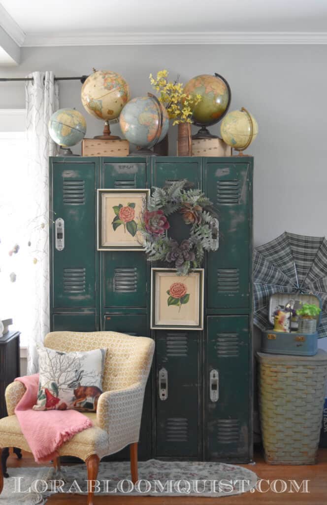 Vintage green lockers with globe collection on top