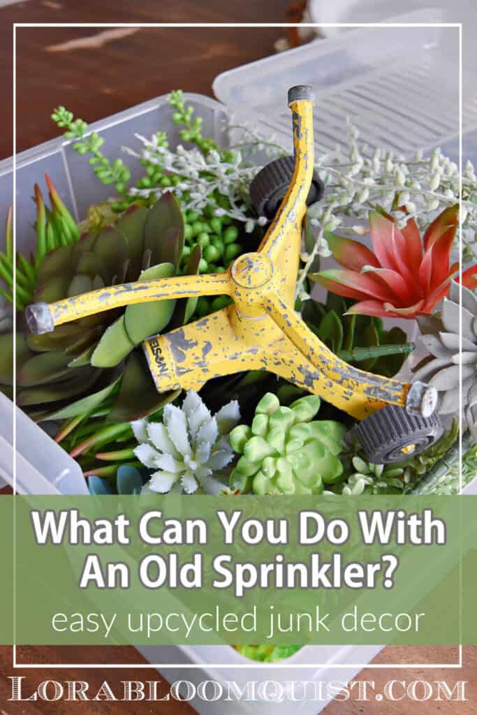 Crafting upcycled sprinklers into art with succulents.
