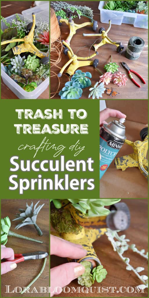 Crafting upcycled sprinklers into art with succulents.