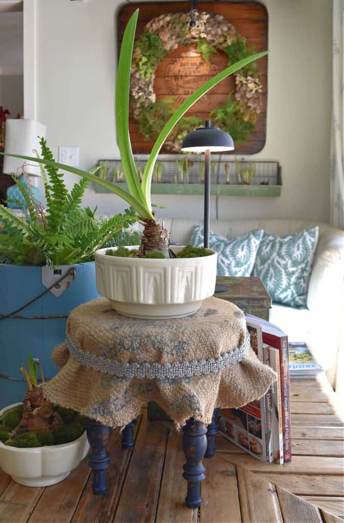 Old footstool with vintage pottery in vintage vignette.