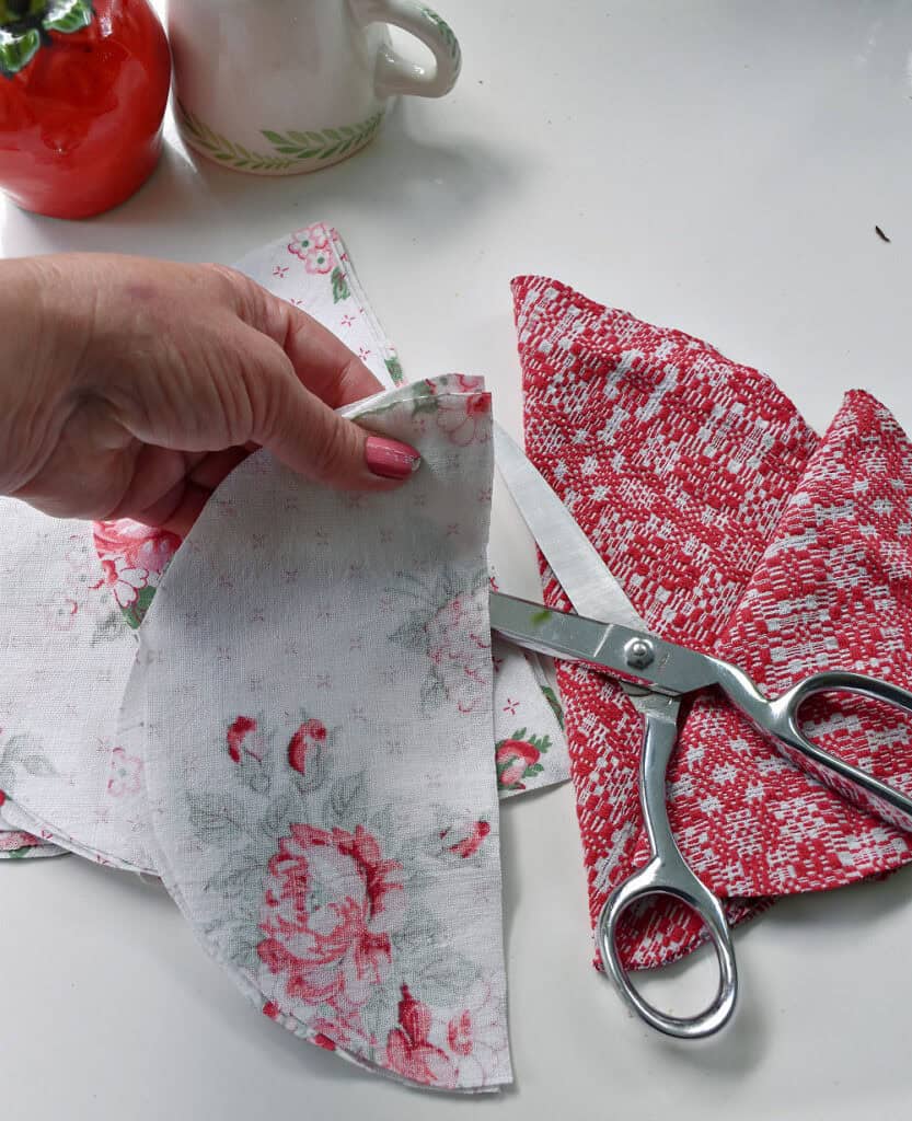 Vintage fabrics to make upcycled strawberries.