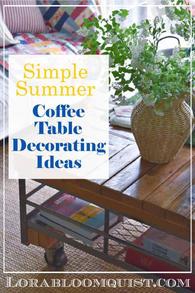 Rustic coffee table with wicker vase and flowers.