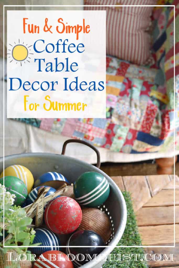 Vintage croquet balls in bowl and colorful quilt as summer decor.