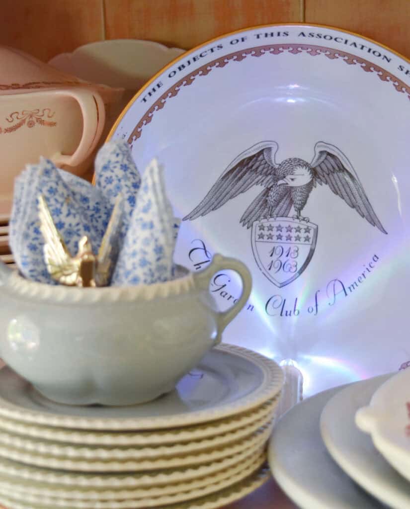 Eagle bowl on hutch shelf.