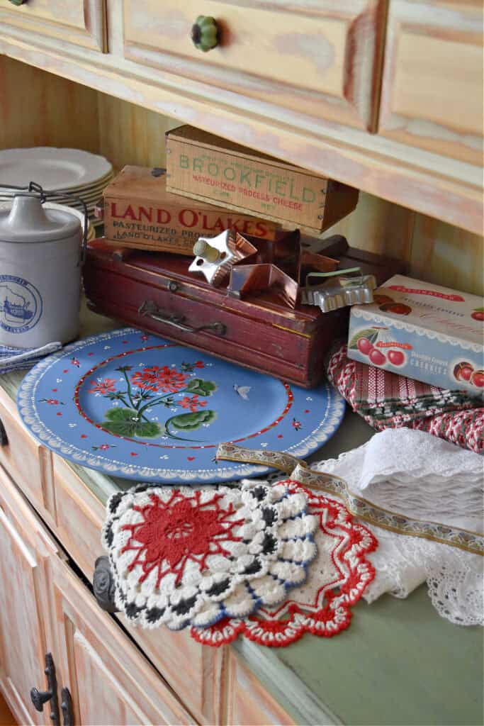 Vintage finds for red, white and blue decorating vignette.