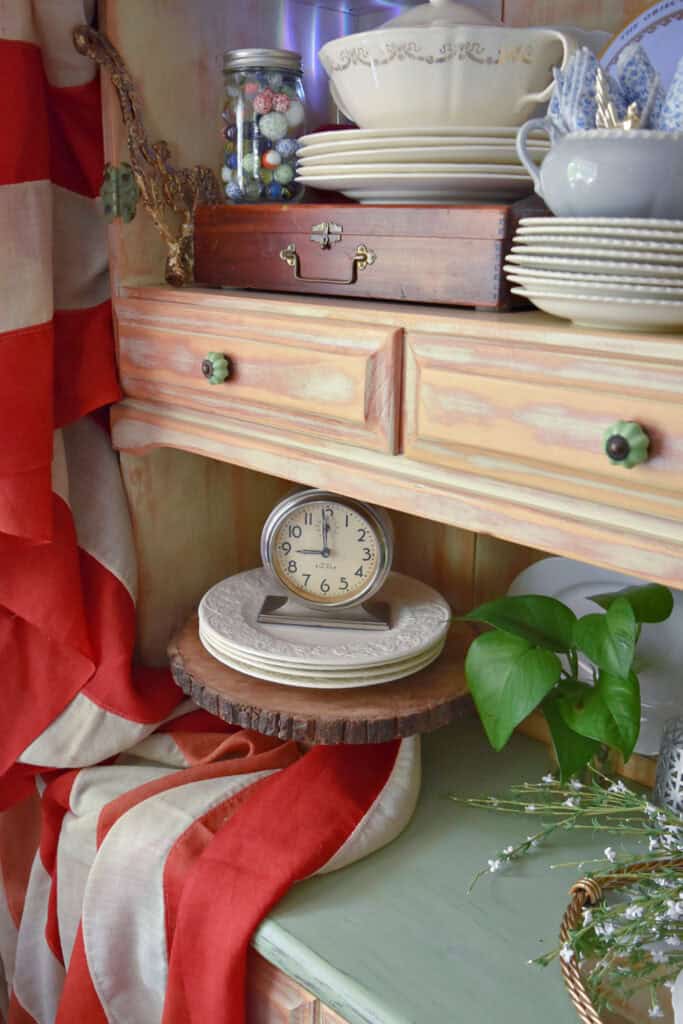 Summer Patriotic decorated shelf with vintage finds.