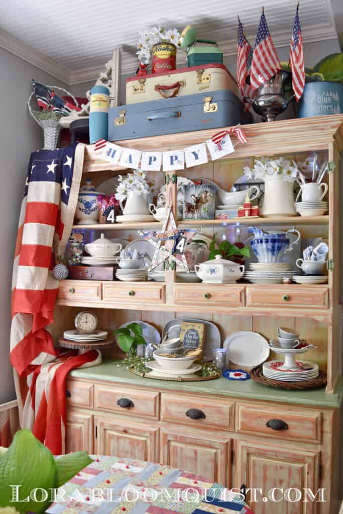Patriotic decorated hutch for the 4th of July.