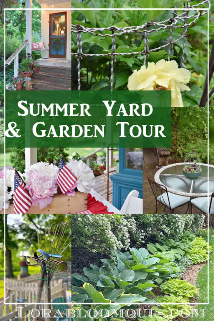 Garden pictures with peonies, hosta and vinatage finds.