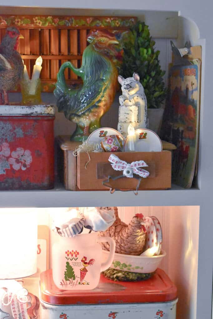 Rooster decorations in kitchen farmhouse display.