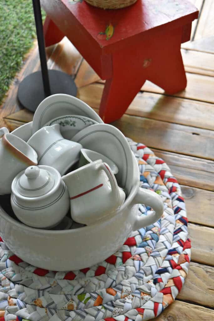 Restaurant ware creamers in antique chamber pot.