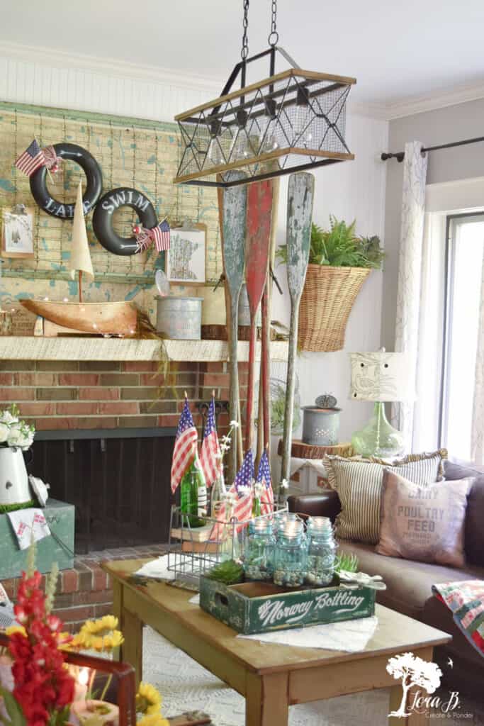 Vintage summer decor with lake cabin theme