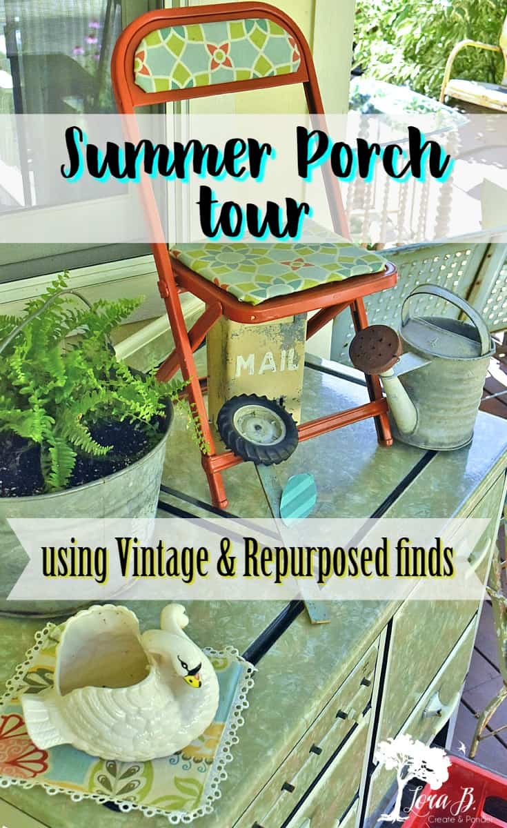 Gather unique ideas from this Summer Porch Tour. Be inspired to use your vintage and re-purposed finds to create an inviting atmosphere for you and your guests. #summerporchdecor #summerporchideas #summerporchdecorating #vintagestyle #repurposed #DIYdecor