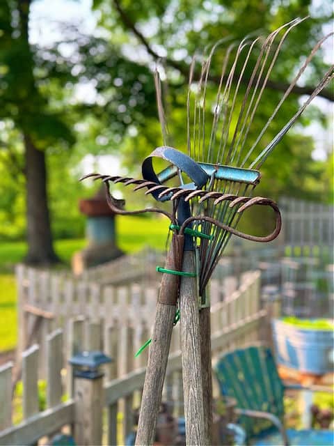 Old garden tools ziptied together.