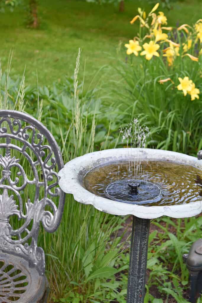 Solar fountain in metal birdbath in garden.