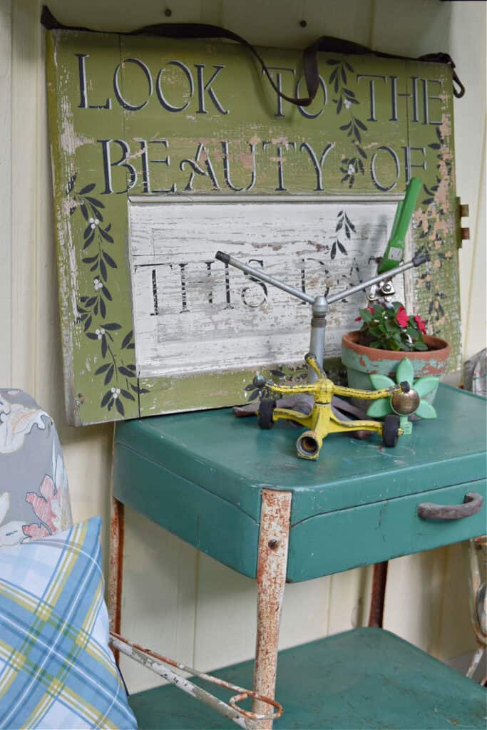 Vintage garden tool display.
