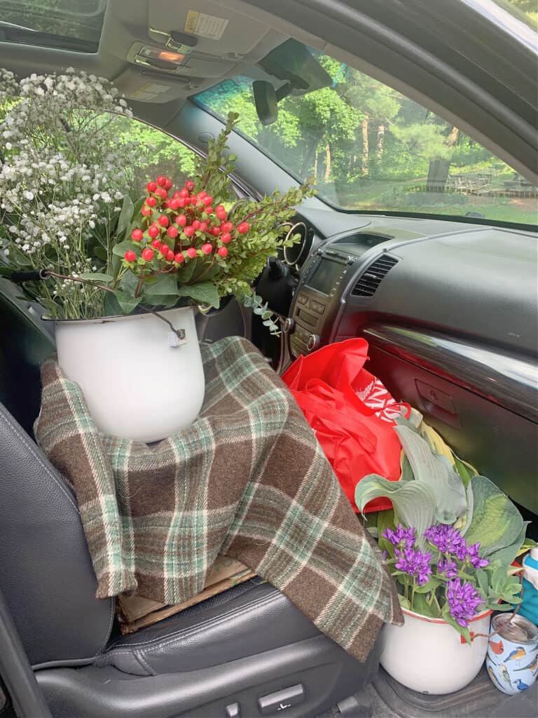 Floral fillers in buckets in car.