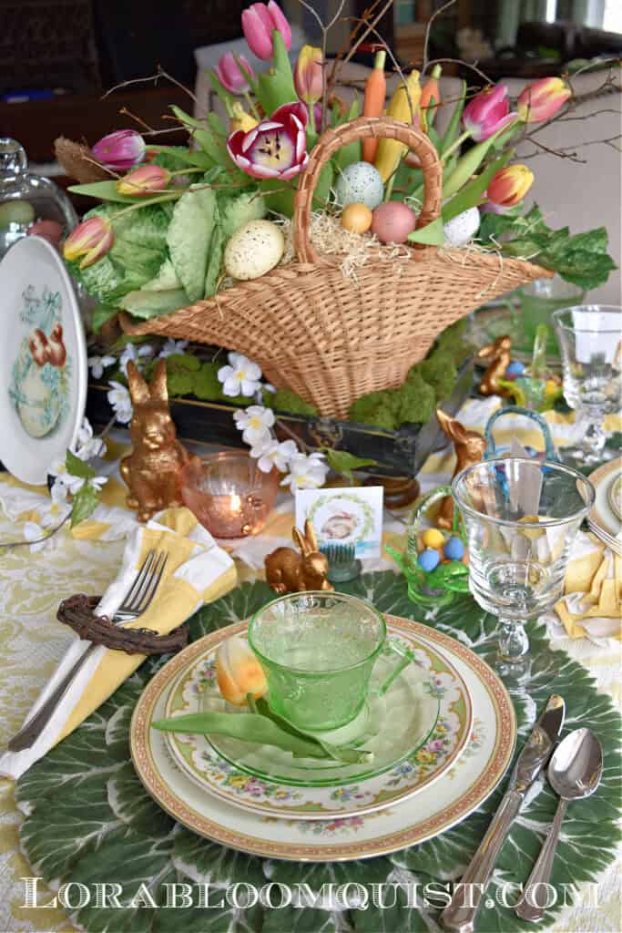 Easter table setting with vintage dishes and glassware.