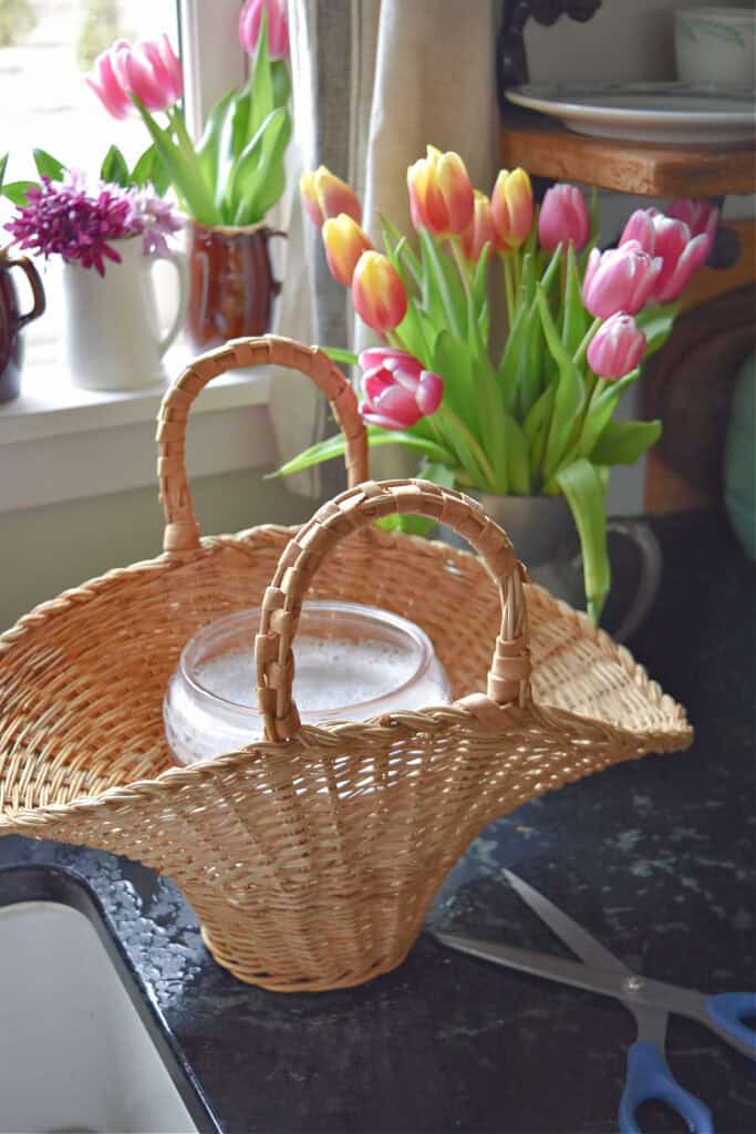 Wicker handled basket for Easter table centerpiece.