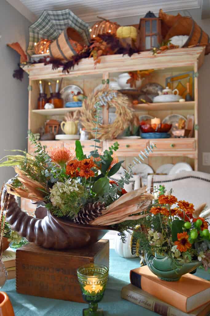 Vintage cornucopia flowers Thanksgiving centerpiece.