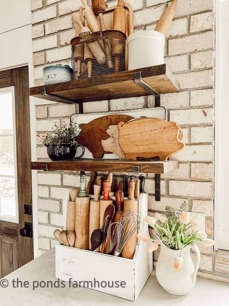 Open shelving in kitchen with vintage finds.