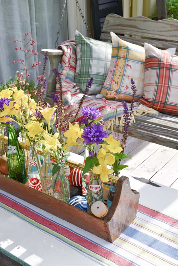 Summer flowers tool caddy centerpiece.