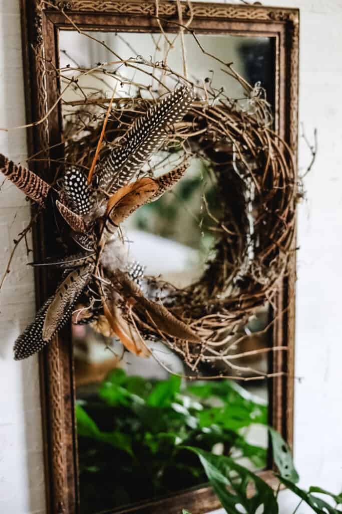 Grapevine wreath with feathers