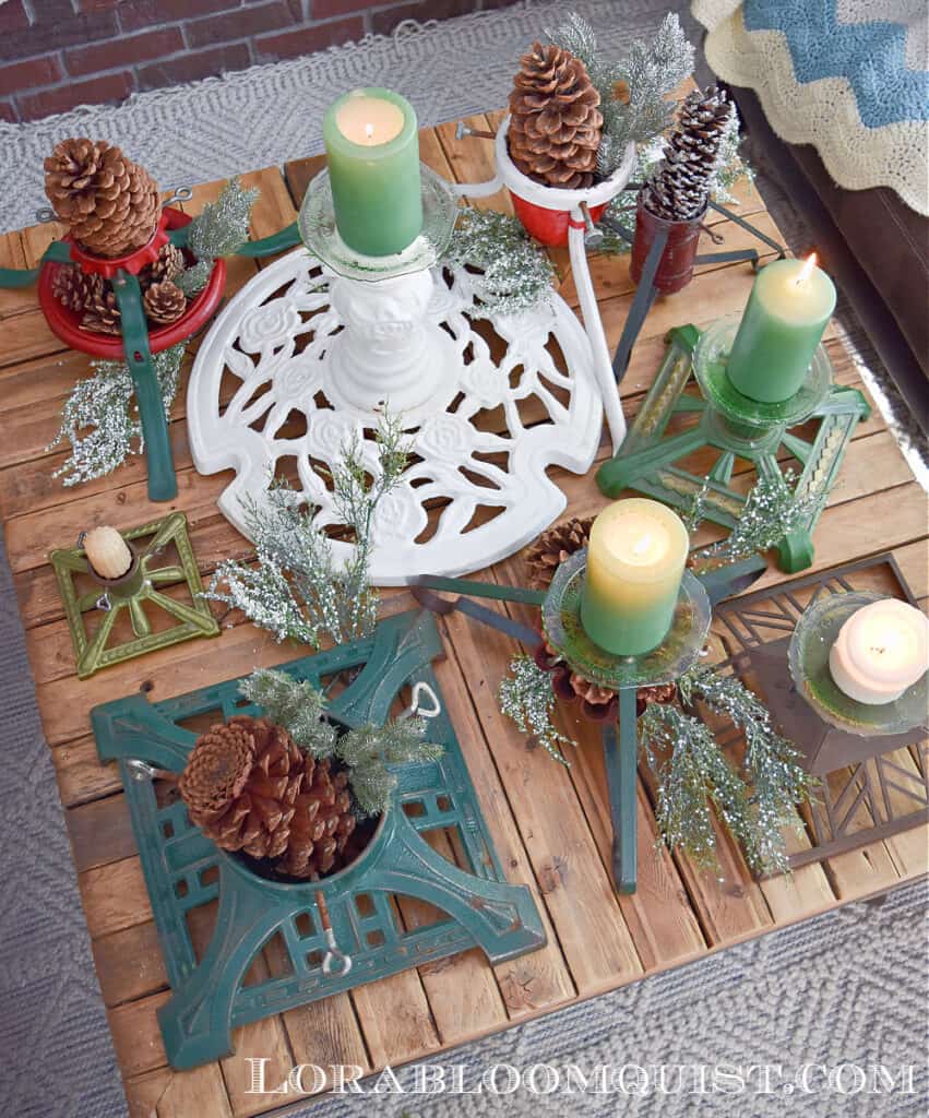 Table full of Christmas tree stands