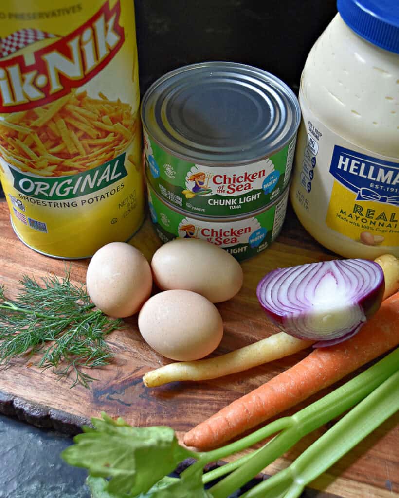 Ingredients for Tuna Shoestring salad.