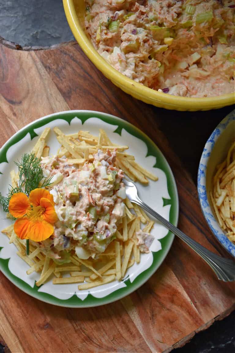 Tuna shoestring salad on vintage plate.