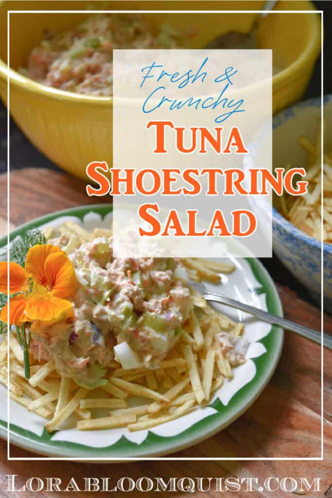 Tuna shoestring salad on vintage plate.