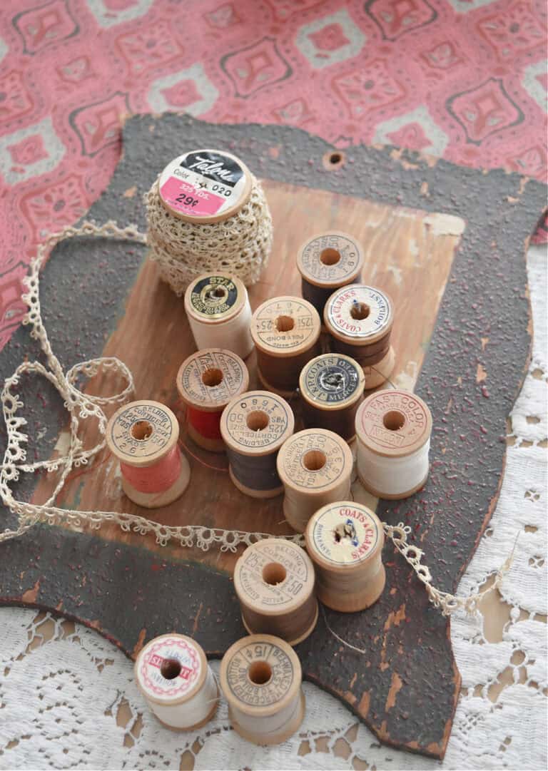 Old thread spools for upcycled Valentine art.