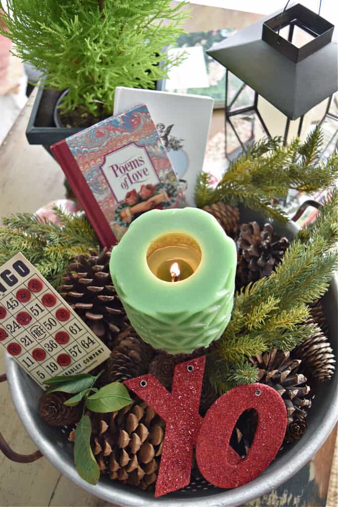 Valentine's centerpiece with red and green.