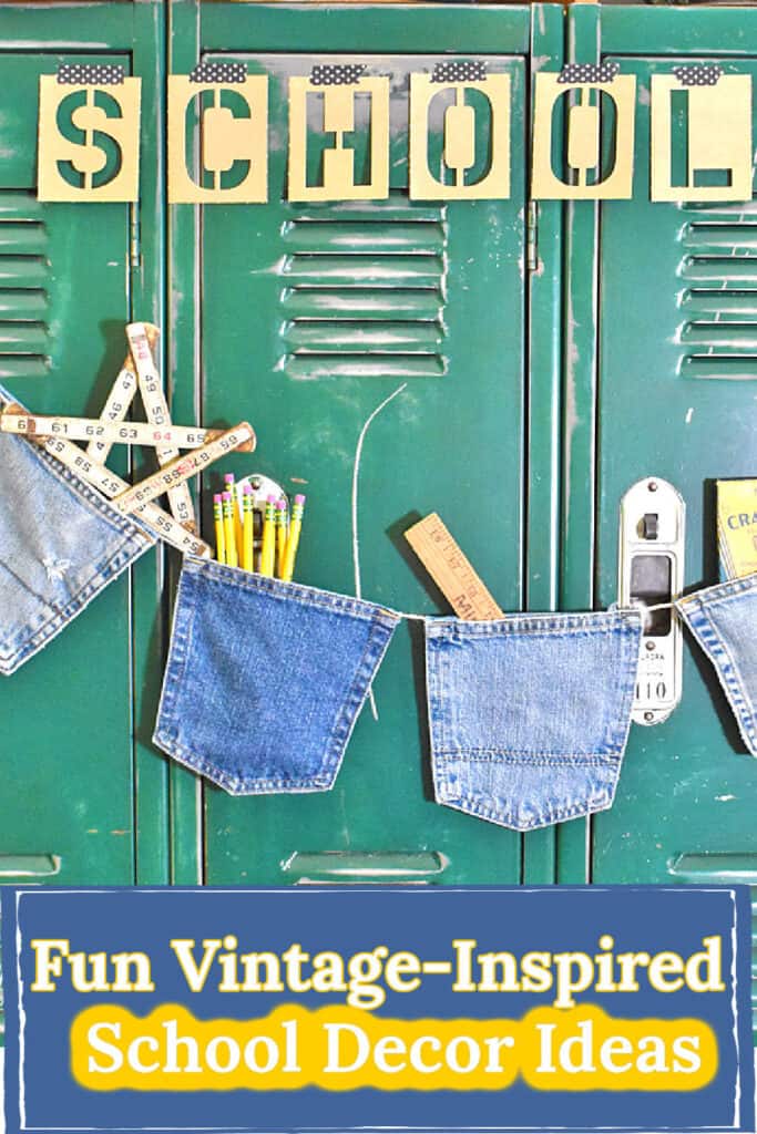 DIY blue jean pocket garland for fun vintage school decor ideas.