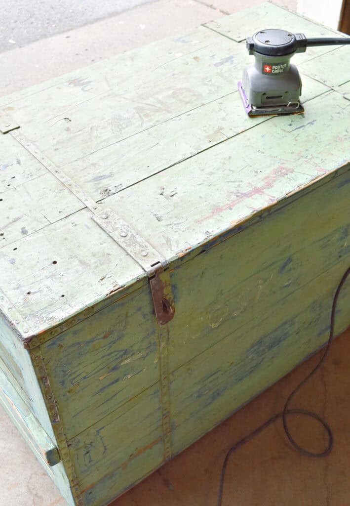 Antique green wooden trunk.