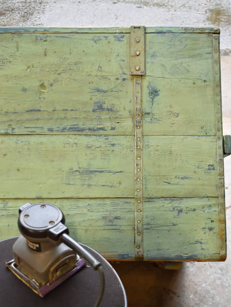 Antique green wooden trunk.