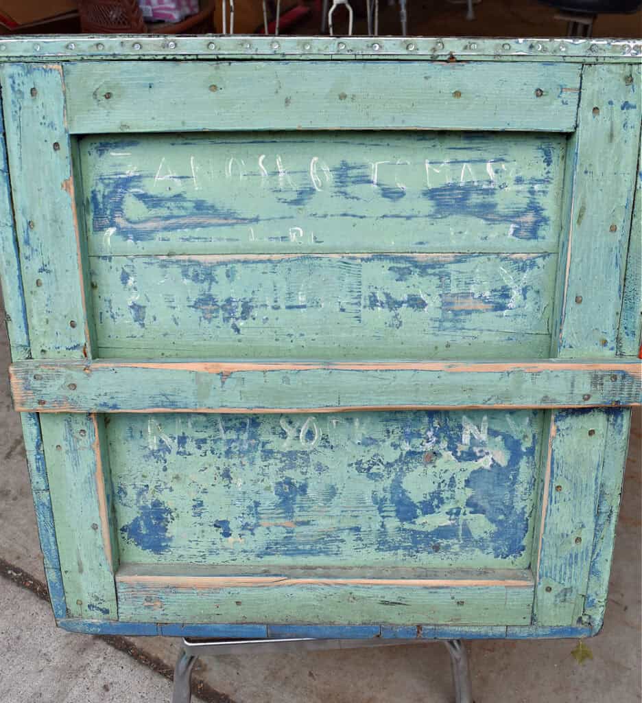 Antique green wooden trunk.