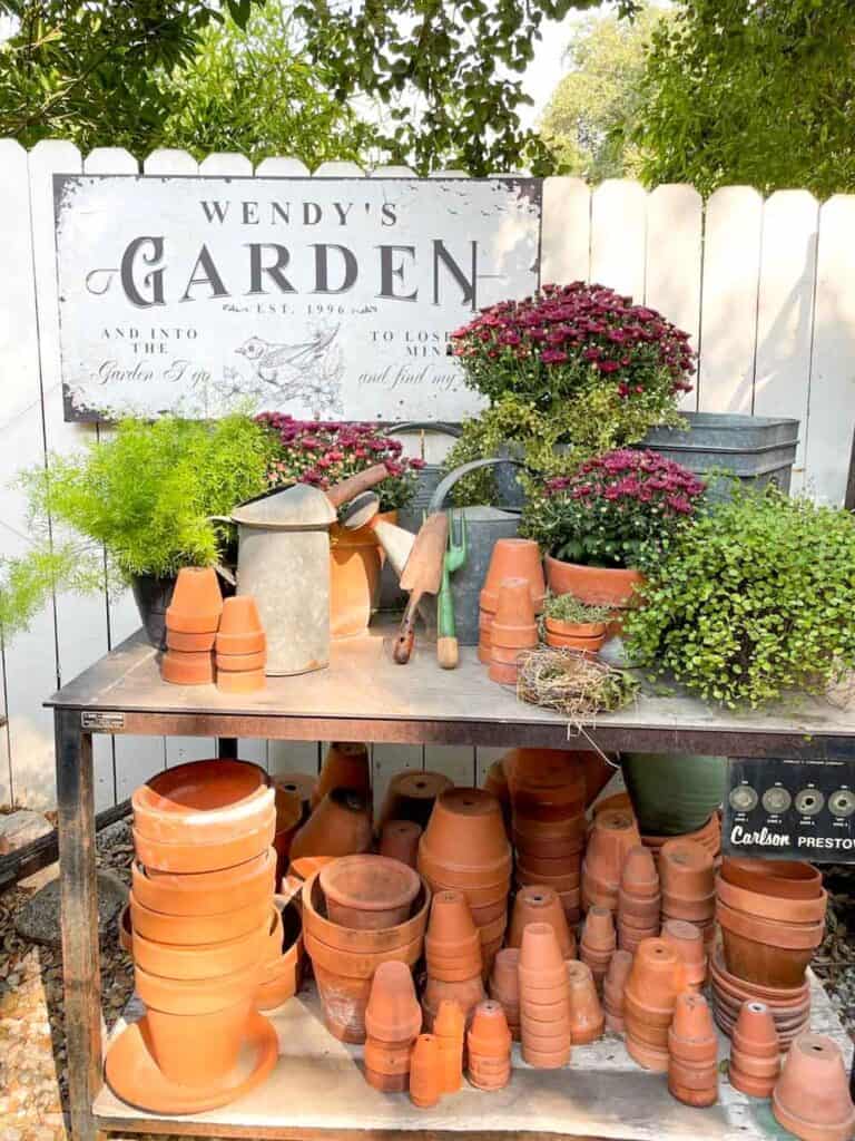 Potting bench with terra cotta pots