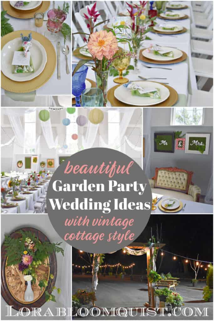Garden party wedding decor with vintage cottage style.