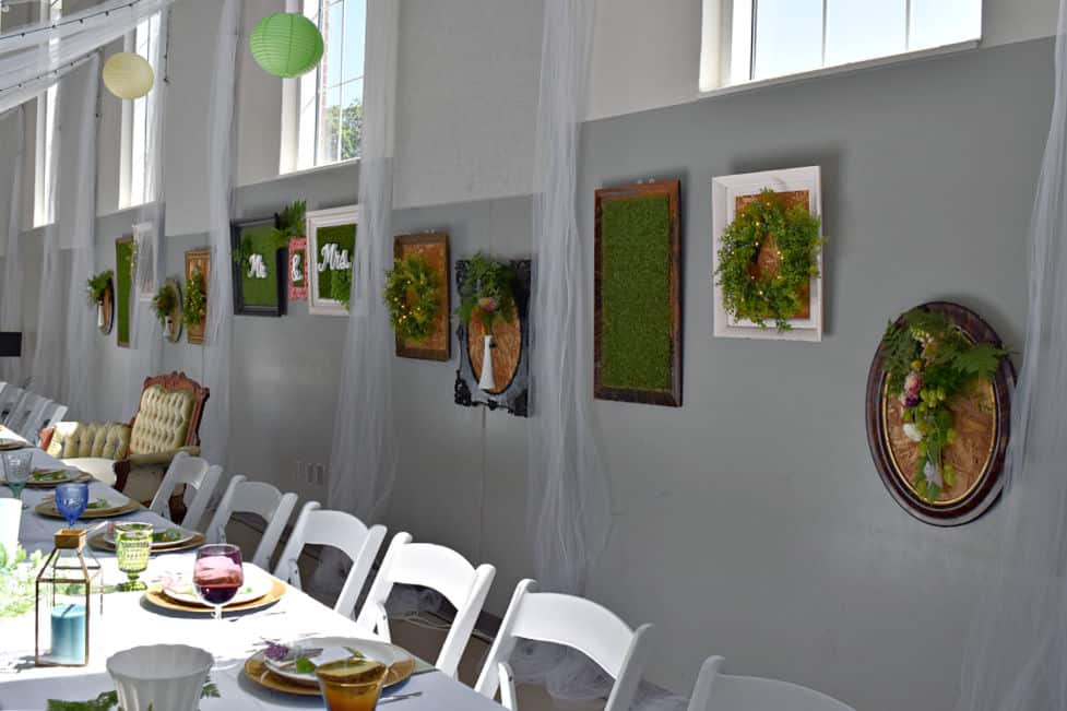 Garden party themed wedding reception decor.