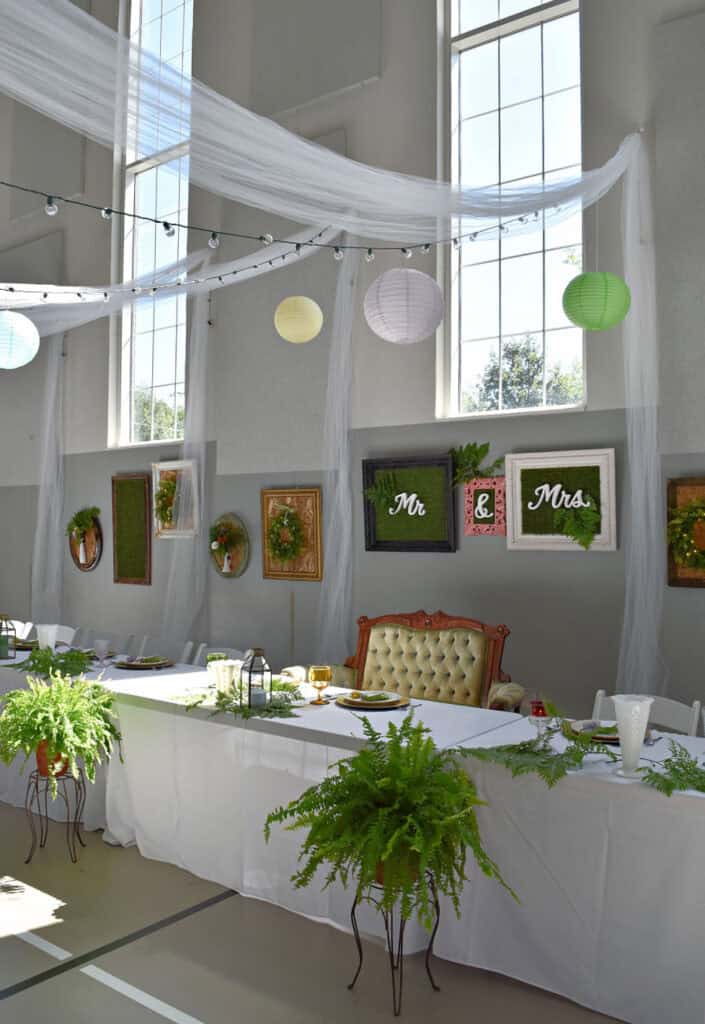 Garden party themed wedding reception decor.