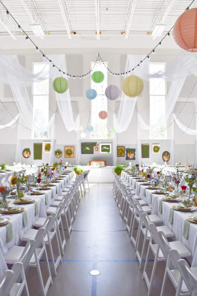 Garden party themed wedding reception decor.