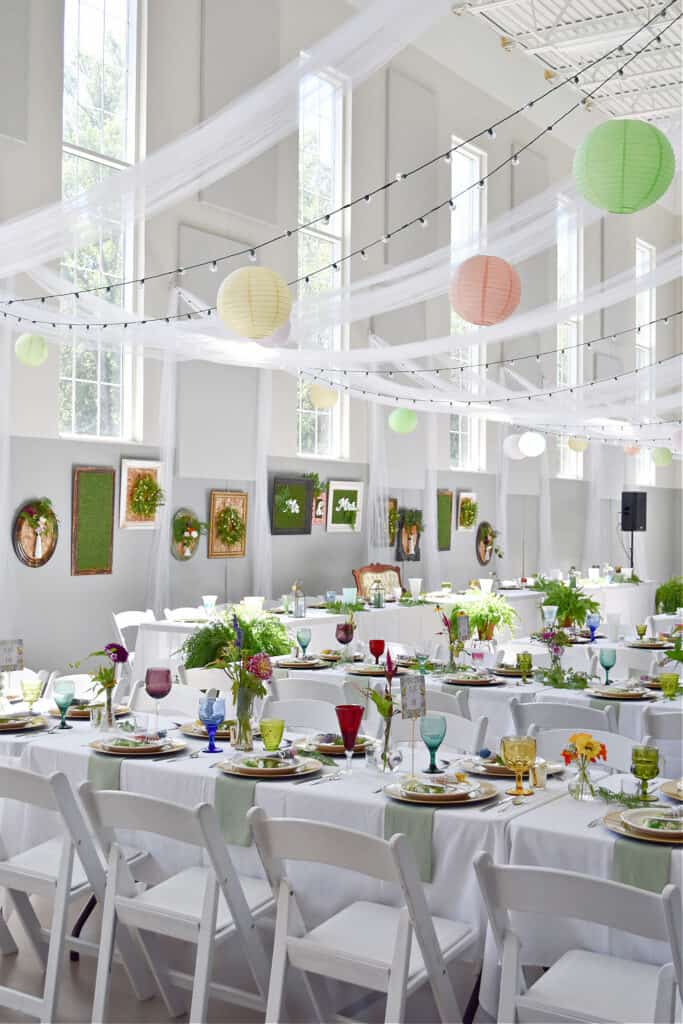 Garden party themed wedding reception decor.