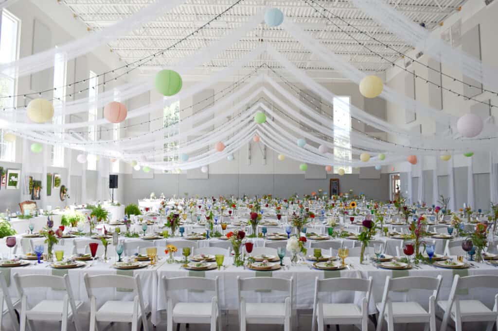 Garden party themed wedding reception decor.